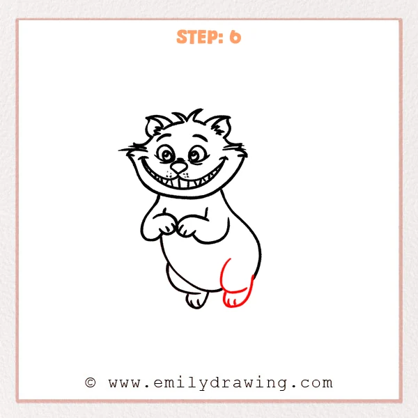 how to draw a cheshire cat - Cheshire Cat now has a rounded back leg on the lower right and a larger second foot with simple toe marks.